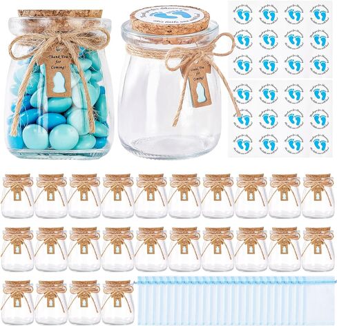 24 PCS حفلات استحمام الطفل الحفلات للضيوف ، هدايا استحمام الطفل للضيوف ، 3.4 أوقية زجاجات ماسون صغيرة مع أغطية الفلين ، ملصقات ، علامات الملصقات ، خيوط ، أكياس عضوية ، جرة حلوى صغيرة للفتيات in Kuwait
