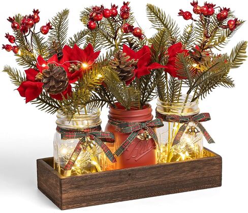 3 Pcs Mason Jar Centerpiece Decorations for Christmas Table Decor Farmhouse Coffee Table Decor Christmas Kitchen and Room Decor,Red in Saudi Arabia