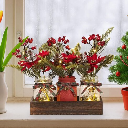 3 Pcs Mason Jar Centerpiece Decorations for Christmas Table Decor Farmhouse Coffee Table Decor Christmas Kitchen and Room Decor,Red in Saudi Arabia