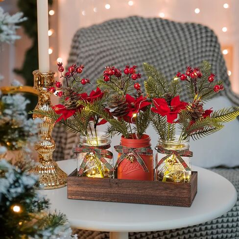 3 Pcs Mason Jar Centerpiece Decorations for Christmas Table Decor Farmhouse Coffee Table Decor Christmas Kitchen and Room Decor,Red in Saudi Arabia