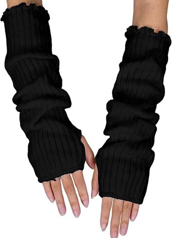 Black Arm Warmers,Knitted Fingerless Gloves for Women,Autumn Winter Stretchy Arms Sleeves with Thumb Hole in Kuwait