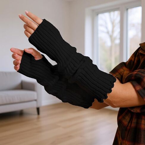 Black Arm Warmers,Knitted Fingerless Gloves for Women,Autumn Winter Stretchy Arms Sleeves with Thumb Hole in Kuwait