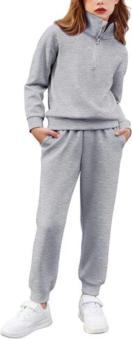 Arshiner الفتيات 2 قطعة وتتسابق مجموعة ملابس رياضية نصف البريدي التلبيب الياقة طويلة الأكمام البلوز Sweatpant مجموعات رياضية in Kuwait