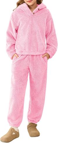 Haloumoning Girls 2 Piece Outfits Kids Fuzzy Bear Ear Hoodies Pullover Sweatshirt and Sweatpants Cute Clothing Sets in Saudi Arabia