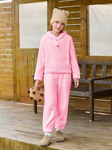 Haloumoning Girls 2 Piece Outfits Kids Fuzzy Bear Ear Hoodies Pullover Sweatshirt and Sweatpants Cute Clothing Sets in Saudi Arabia