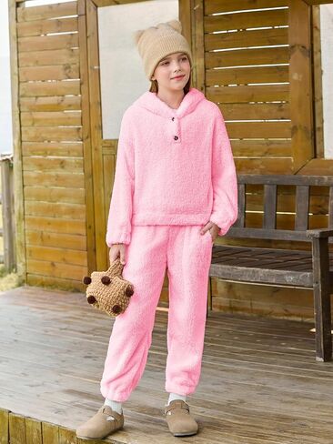 Haloumoning Girls 2 Piece Outfits Kids Fuzzy Bear Ear Hoodies Pullover Sweatshirt and Sweatpants Cute Clothing Sets in Saudi Arabia