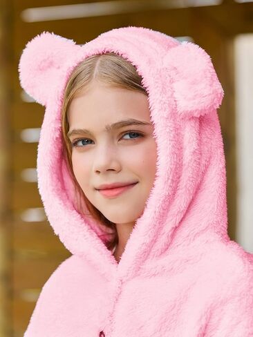 Haloumoning Girls 2 Piece Outfits Kids Fuzzy Bear Ear Hoodies Pullover Sweatshirt and Sweatpants Cute Clothing Sets in Saudi Arabia
