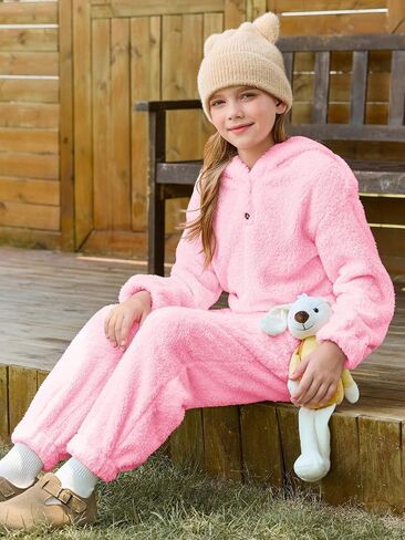 Haloumoning Girls 2 Piece Outfits Kids Fuzzy Bear Ear Hoodies Pullover Sweatshirt and Sweatpants Cute Clothing Sets in Saudi Arabia