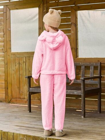 Haloumoning Girls 2 Piece Outfits Kids Fuzzy Bear Ear Hoodies Pullover Sweatshirt and Sweatpants Cute Clothing Sets in Saudi Arabia