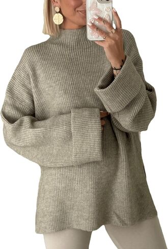 Oversized Womens Knit Sweater Cozy Ribbed Turtleneck Pullover with Side Slits in Saudi Arabia