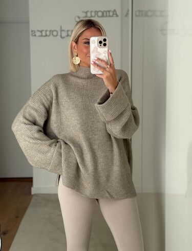 Oversized Womens Knit Sweater Cozy Ribbed Turtleneck Pullover with Side Slits in Saudi Arabia