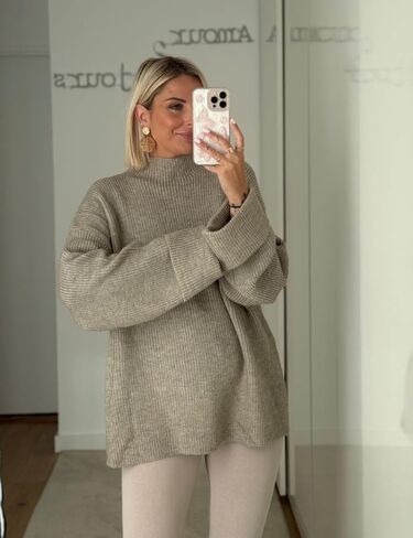 Oversized Womens Knit Sweater Cozy Ribbed Turtleneck Pullover with Side Slits in Saudi Arabia