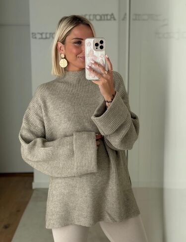 Oversized Womens Knit Sweater Cozy Ribbed Turtleneck Pullover with Side Slits in Saudi Arabia
