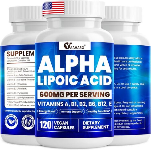 Alpha Lipoic Acid 600mg ، ALA ملحق لزيادة الطاقة ، الدعم المناعي ، الوظيفة الصحية ، والامتصاص المعزز ، حمض R-alpha lipoic مع الفيتامينات الأساسية ، 120 كبسولة in Kuwait