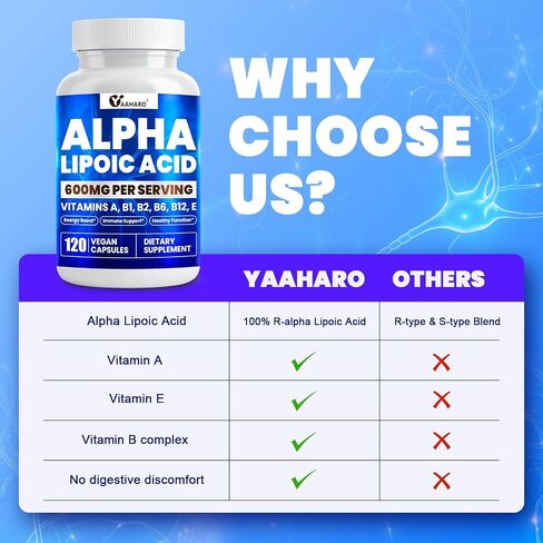 Alpha Lipoic Acid 600mg ، ALA ملحق لزيادة الطاقة ، الدعم المناعي ، الوظيفة الصحية ، والامتصاص المعزز ، حمض R-alpha lipoic مع الفيتامينات الأساسية ، 120 كبسولة in Kuwait