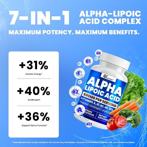 Alpha Lipoic Acid 600mg ، ALA ملحق لزيادة الطاقة ، الدعم المناعي ، الوظيفة الصحية ، والامتصاص المعزز ، حمض R-alpha lipoic مع الفيتامينات الأساسية ، 120 كبسولة in Kuwait