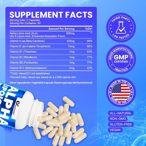 Alpha Lipoic Acid 600mg ، ALA ملحق لزيادة الطاقة ، الدعم المناعي ، الوظيفة الصحية ، والامتصاص المعزز ، حمض R-alpha lipoic مع الفيتامينات الأساسية ، 120 كبسولة in Kuwait