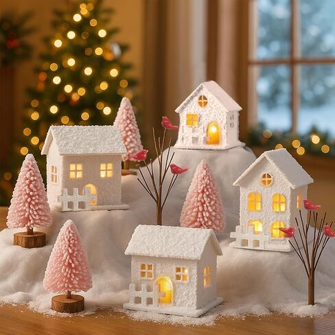 10 PCS Pink Christmas Village مجموعات مع زخارف الشاي Light Christmas 4 Right Row House 4 أشجار الصنوبر 2 Decayed Tree Xmas Holiday Farmhouse Rustic Decor in Saudi Arabia