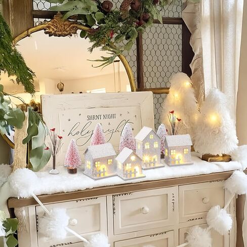10 PCS Pink Christmas Village مجموعات مع زخارف الشاي Light Christmas 4 Right Row House 4 أشجار الصنوبر 2 Decayed Tree Xmas Holiday Farmhouse Rustic Decor in Saudi Arabia