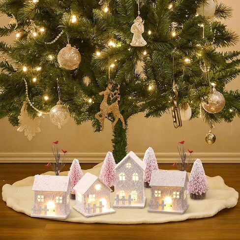 10 PCS Pink Christmas Village مجموعات مع زخارف الشاي Light Christmas 4 Right Row House 4 أشجار الصنوبر 2 Decayed Tree Xmas Holiday Farmhouse Rustic Decor in Saudi Arabia