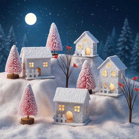 10 PCS Pink Christmas Village مجموعات مع زخارف الشاي Light Christmas 4 Right Row House 4 أشجار الصنوبر 2 Decayed Tree Xmas Holiday Farmhouse Rustic Decor in Saudi Arabia
