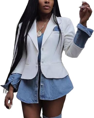 Tbahhir Women's Blazer Jacket Denim Patchwork Long Sleeve Label Button Down Disual Office Jean Trendy Coat in Kuwait
