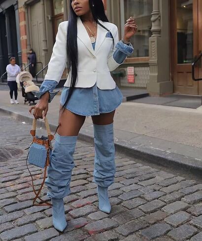 Tbahhir Women's Blazer Jacket Denim Patchwork Long Sleeve Label Button Down Disual Office Jean Trendy Coat in Kuwait
