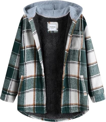 Women's Plaid Flannel Plaid Shacket Button Up Hooded Long Sleeve Fleece Jacket Winter Coat with Side Pockets in Kuwait