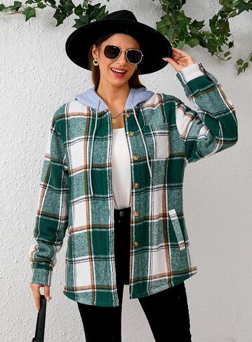 Women's Plaid Flannel Plaid Shacket Button Up Hooded Long Sleeve Fleece Jacket Winter Coat with Side Pockets in Kuwait