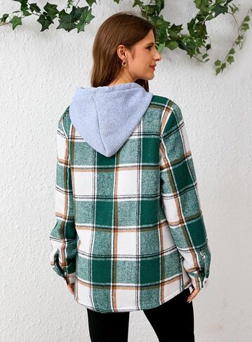 Women's Plaid Flannel Plaid Shacket Button Up Hooded Long Sleeve Fleece Jacket Winter Coat with Side Pockets in Kuwait