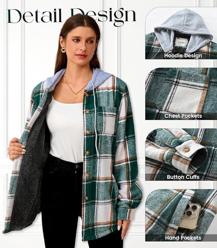 Women's Plaid Flannel Plaid Shacket Button Up Hooded Long Sleeve Fleece Jacket Winter Coat with Side Pockets in Kuwait