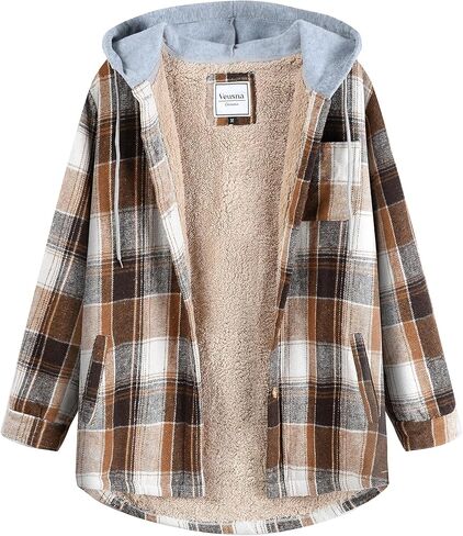 Women's Plaid Flannel Plaid Shacket Button Up Hooded Long Sleeve Fleece Jacket Winter Coat with Side Pockets in Kuwait