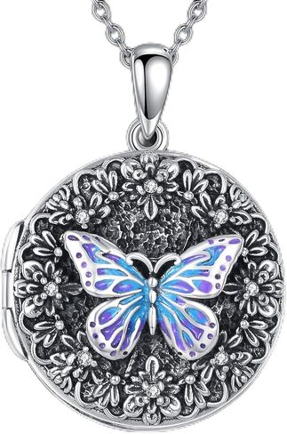 Diamond Butterfly Locket Necklace That Holds 2 Pictures 925 Sterling Silver Butterfly and Flower Locket Pendant Photo Jewelry Gifts for Women Mom Wife Christmas Birthday,18+2 inch in Saudi Arabia