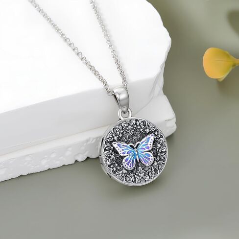 Diamond Butterfly Locket Necklace That Holds 2 Pictures 925 Sterling Silver Butterfly and Flower Locket Pendant Photo Jewelry Gifts for Women Mom Wife Christmas Birthday,18+2 inch in Saudi Arabia