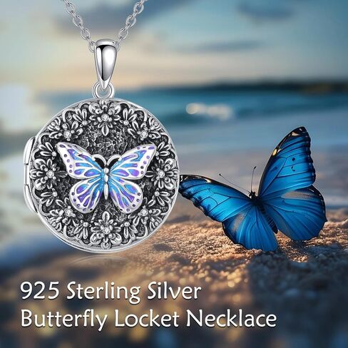 Diamond Butterfly Locket Necklace That Holds 2 Pictures 925 Sterling Silver Butterfly and Flower Locket Pendant Photo Jewelry Gifts for Women Mom Wife Christmas Birthday,18+2 inch in Saudi Arabia