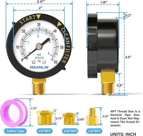 MEANLIN MEASURE 0~60Psi Stainless Steel Start and Clean Filter Pressure Gauge 1/4" NPT Waterproof for Pool Filter Pump Swimming Pool, Spa Lower Mount with Rotatable Plastic Frame and Hex Bushing in Kuwait