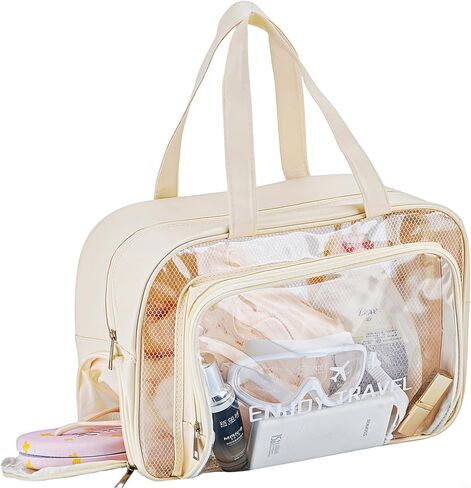 Waterproof Beach Bag with Shoe Compartment – Large Capacity Clear PVC Tote Bag, Portable Unisex Travel Makeup Organizer for Swimming, Gym, and Vacation (Beige) in Saudi Arabia