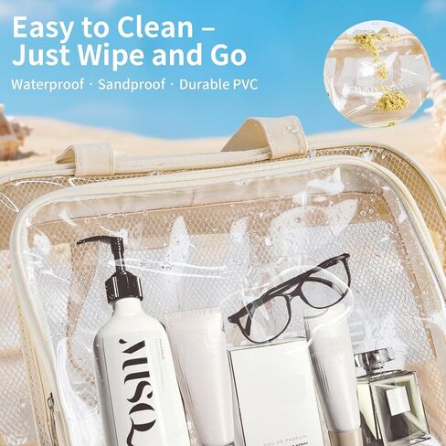 Waterproof Beach Bag with Shoe Compartment – Large Capacity Clear PVC Tote Bag, Portable Unisex Travel Makeup Organizer for Swimming, Gym, and Vacation (Beige) in Saudi Arabia