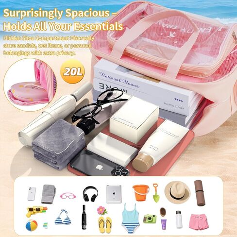 Waterproof Beach Bag with Shoe Compartment – Large Capacity Clear PVC Tote Bag, Portable Unisex Travel Makeup Organizer for Swimming, Gym, and Vacation (Beige) in Saudi Arabia
