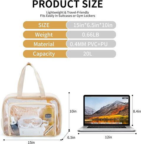 Waterproof Beach Bag with Shoe Compartment – Large Capacity Clear PVC Tote Bag, Portable Unisex Travel Makeup Organizer for Swimming, Gym, and Vacation (Beige) in Saudi Arabia