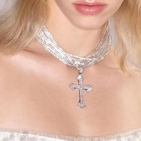 925 Sterling Silver Cross Necklace Y2K ، y2k Cross Necklace ، New Gothic Shiny with Cross Pendant Kniclace for Women ، in Saudi Arabia