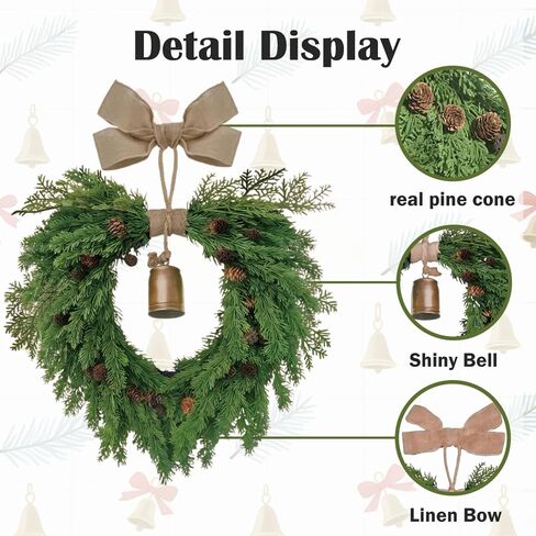 Christmas Wreath for Front Door, Heart-Shaped Holiday Wreath with Bell & Real Pine Cones, Artificial Green Leaves for Indoor & Outdoor Wall Decor, Garden Party Decoration (20 inches) in Saudi Arabia