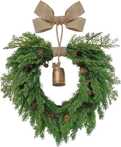 Christmas Wreath for Front Door, Heart-Shaped Holiday Wreath with Bell & Real Pine Cones, Artificial Green Leaves for Indoor & Outdoor Wall Decor, Garden Party Decoration (20 inches) in Saudi Arabia