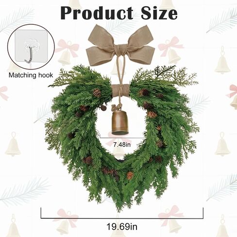 Christmas Wreath for Front Door, Heart-Shaped Holiday Wreath with Bell & Real Pine Cones, Artificial Green Leaves for Indoor & Outdoor Wall Decor, Garden Party Decoration (20 inches) in Saudi Arabia