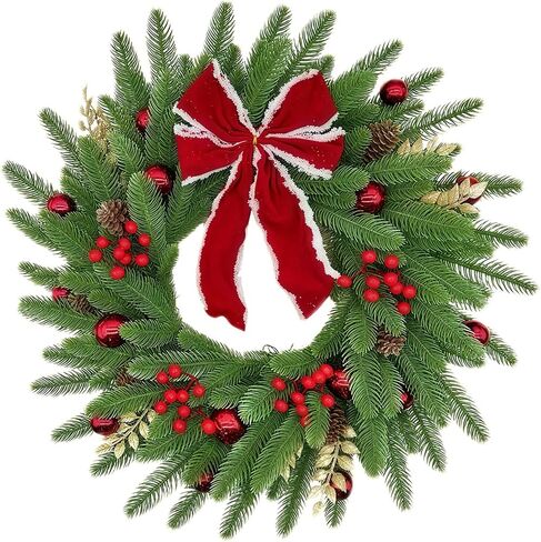 Christmas Wreath for Front Door, Heart-Shaped Holiday Wreath with Bell & Real Pine Cones, Artificial Green Leaves for Indoor & Outdoor Wall Decor, Garden Party Decoration (20 inches) in Saudi Arabia