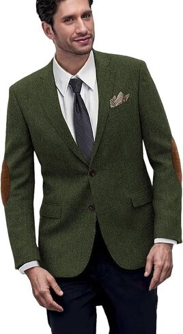 Mens Blazer Vintage Herringbone Tweed Jackets Two Button Sport Coat with Pocket Square with Elbow Patches in Saudi Arabia