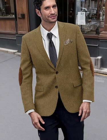 Mens Blazer Vintage Herringbone Tweed Jackets Two Button Sport Coat with Pocket Square with Elbow Patches in Saudi Arabia