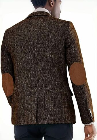 Mens Blazer Vintage Herringbone Tweed Jackets Two Button Sport Coat with Pocket Square with Elbow Patches in Saudi Arabia