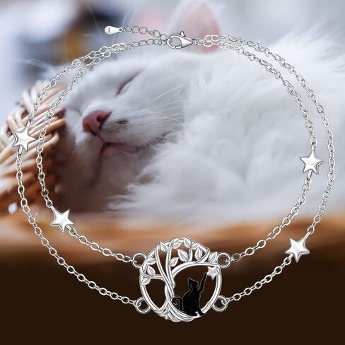 Cat Anklet 925 Sterling Silver Cat Ankle Bracelets for Women Tree of Life Anclet for Halloween Cats Loves Gifts Jewelry Jewelry in Saudi Arabia