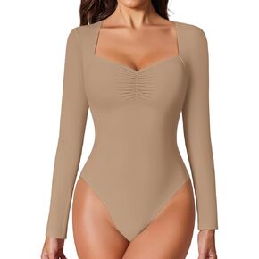 Avidlove Women's Sexy Sweetheart Neckline Bodysuit Tops Long Sleeve Double Lined Thong Body Suits Ruched Outfits in Kuwait